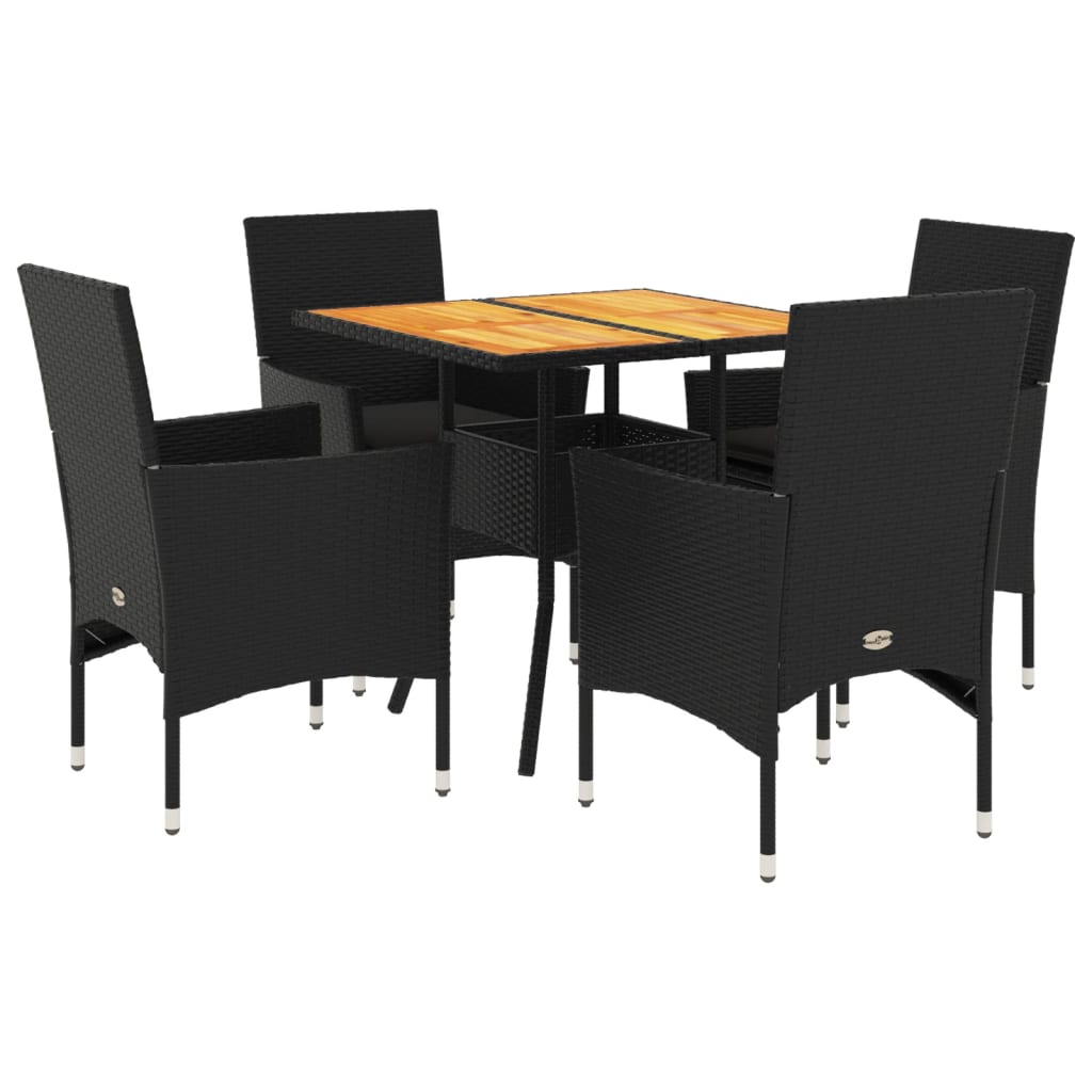 Set Pranzo da Giardino 5 pz con Cuscini Nero Polyrattan Acacia - homemem39