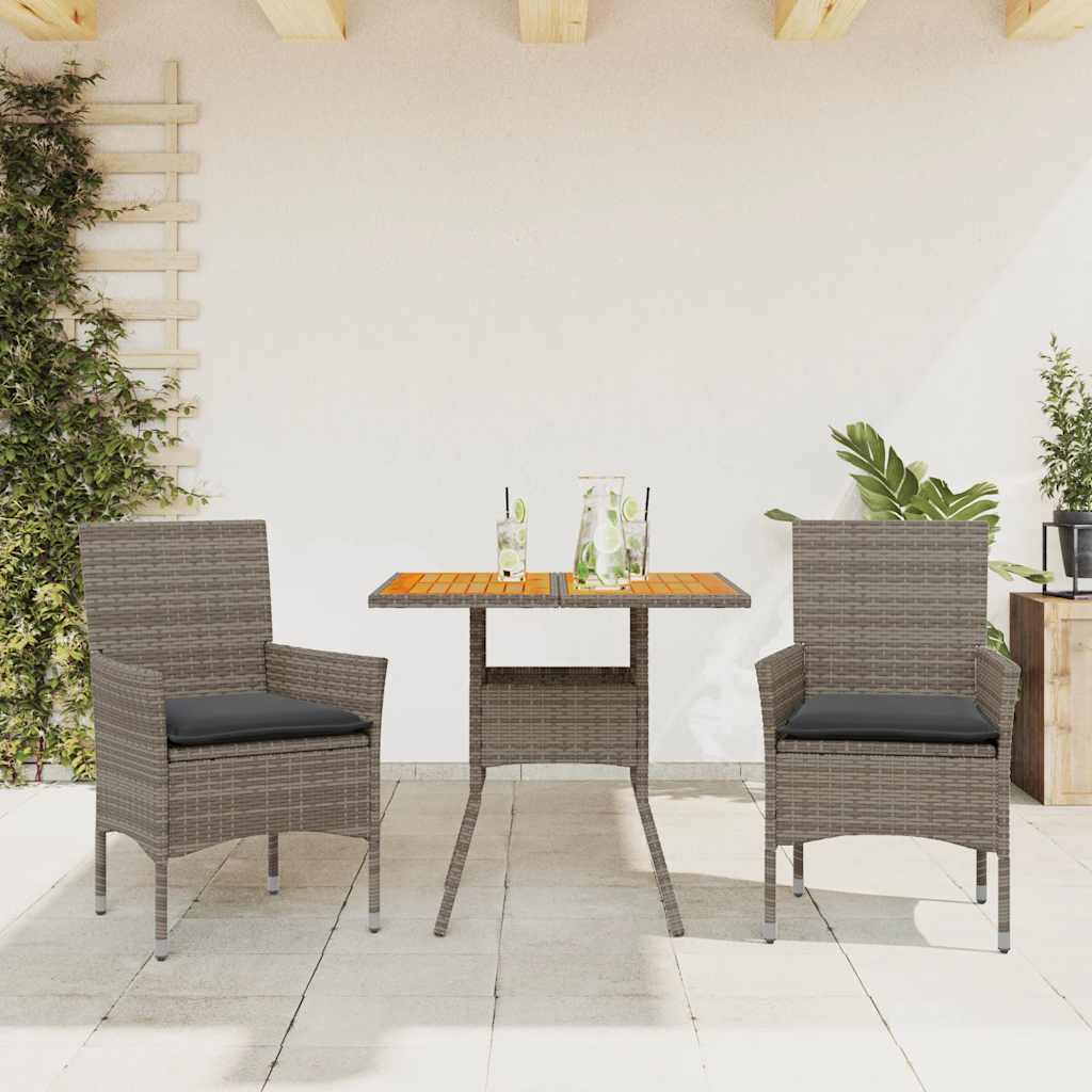 Set Pranzo da Giardino 3pz con Cuscini Polyrattan Acacia Grigio - homemem39