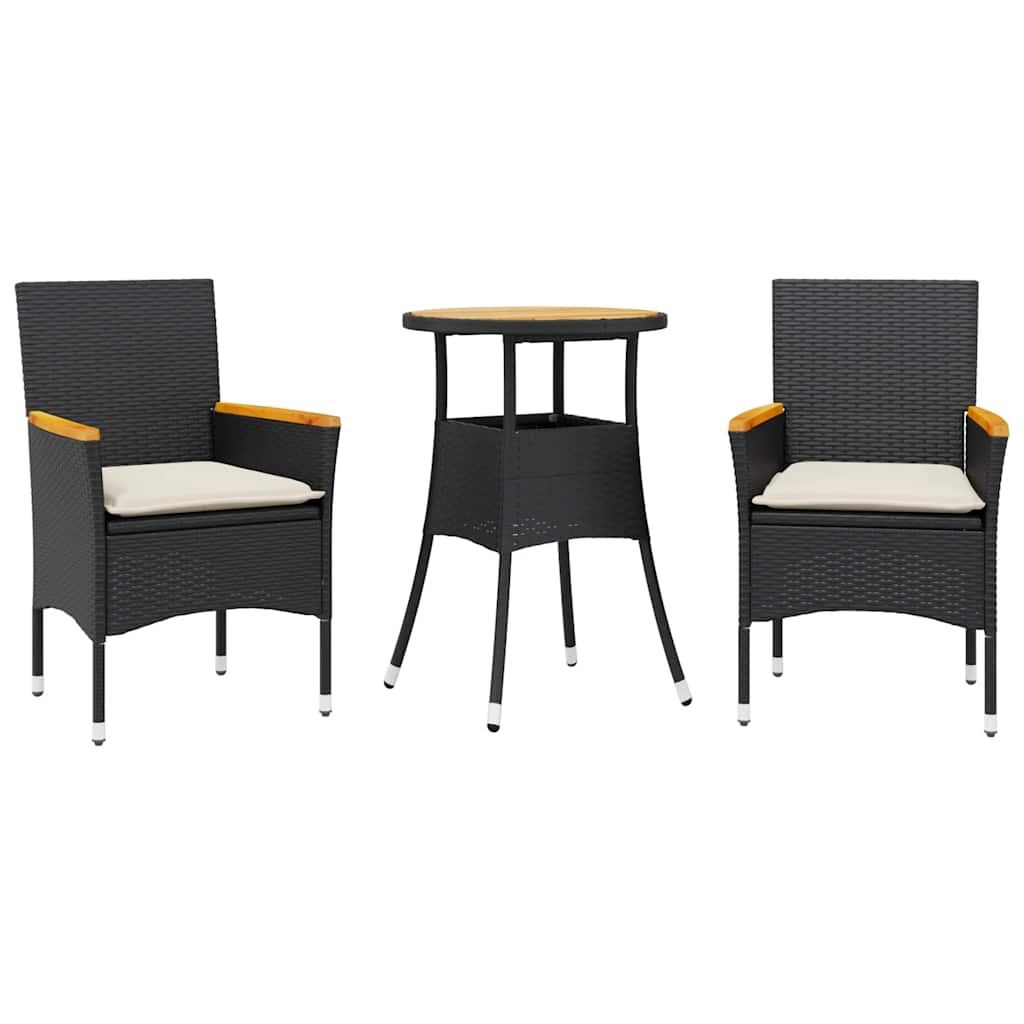 Set Pranzo da Giardino 3 pz con Cuscini Nero Polyrattan Acacia | homemem39