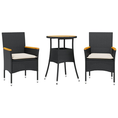 Set Pranzo da Giardino 3 pz con Cuscini Nero Polyrattan Acacia - homemem39