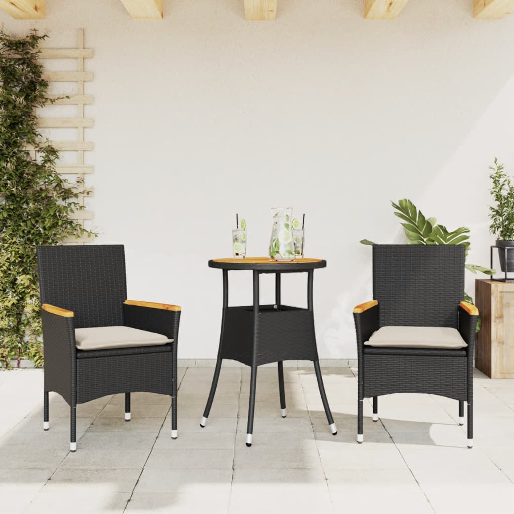 Set Pranzo da Giardino 3 pz con Cuscini Nero Polyrattan Acacia | homemem39