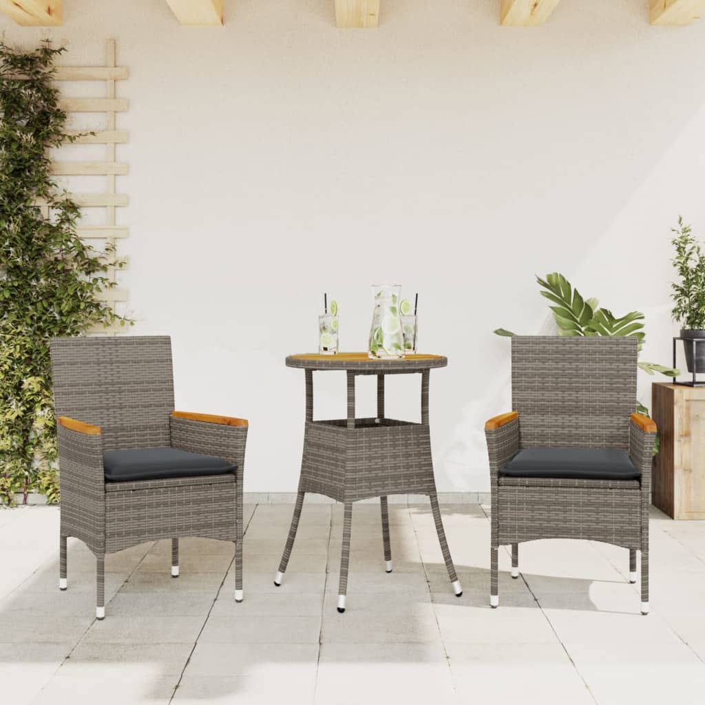 Set Pranzo da Giardino 3pz con Cuscini Polyrattan Acacia Grigio | homemem39