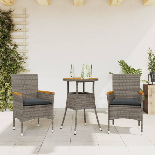 Set Pranzo da Giardino 3pz con Cuscini Polyrattan Acacia Grigio - homemem39