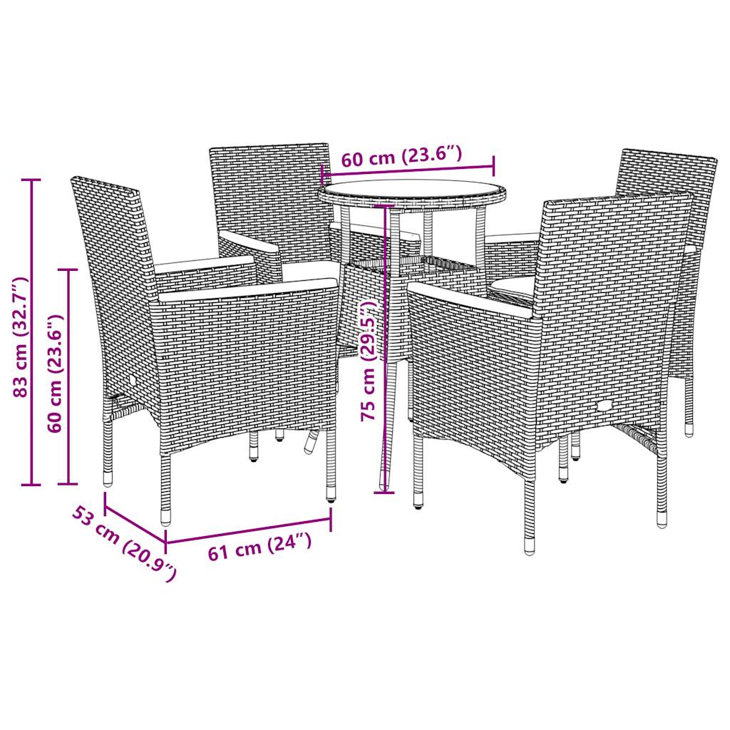 Set da Pranzo da Giardino 5 pz con Cuscini Polyrattan e Vetro | homemem39