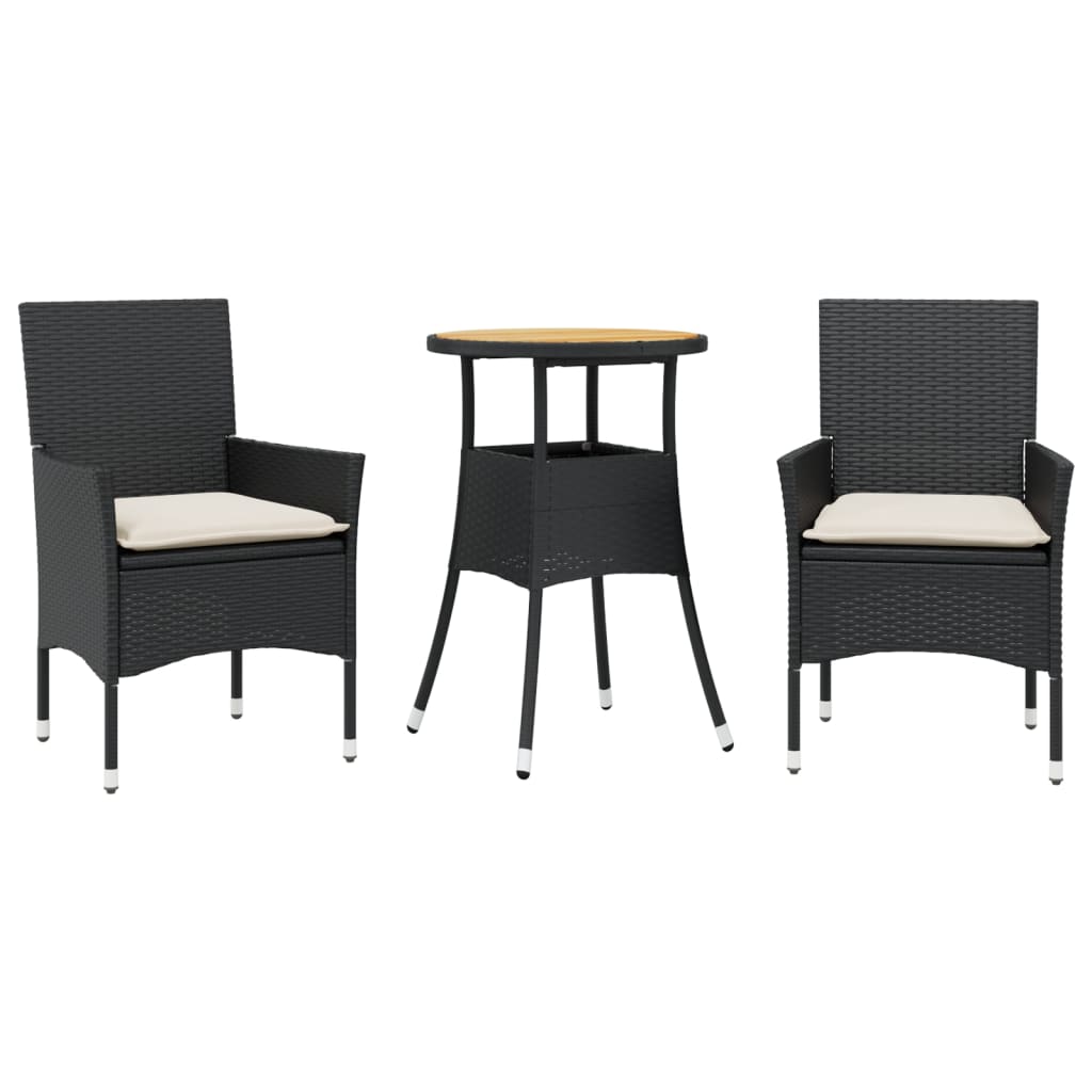 Set Pranzo da Giardino 3 pz con Cuscini Nero Polyrattan Acacia - homemem39