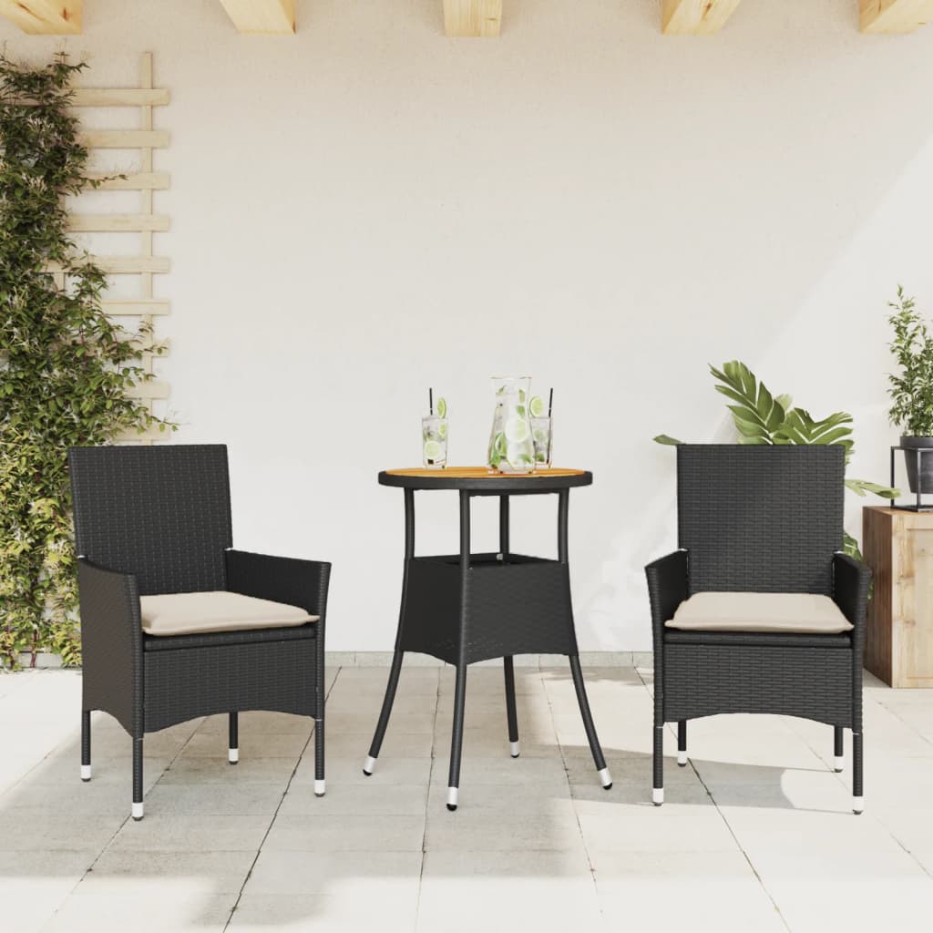 Set Pranzo da Giardino 3 pz con Cuscini Nero Polyrattan Acacia - homemem39