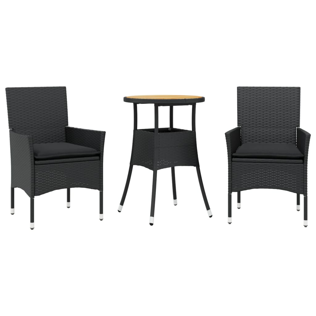 Set Pranzo da Giardino 3 pz con Cuscini Nero Polyrattan Acacia | homemem39