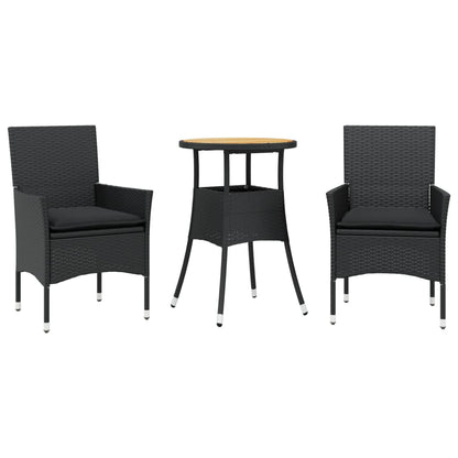 Set Pranzo da Giardino 3 pz con Cuscini Nero Polyrattan Acacia | homemem39