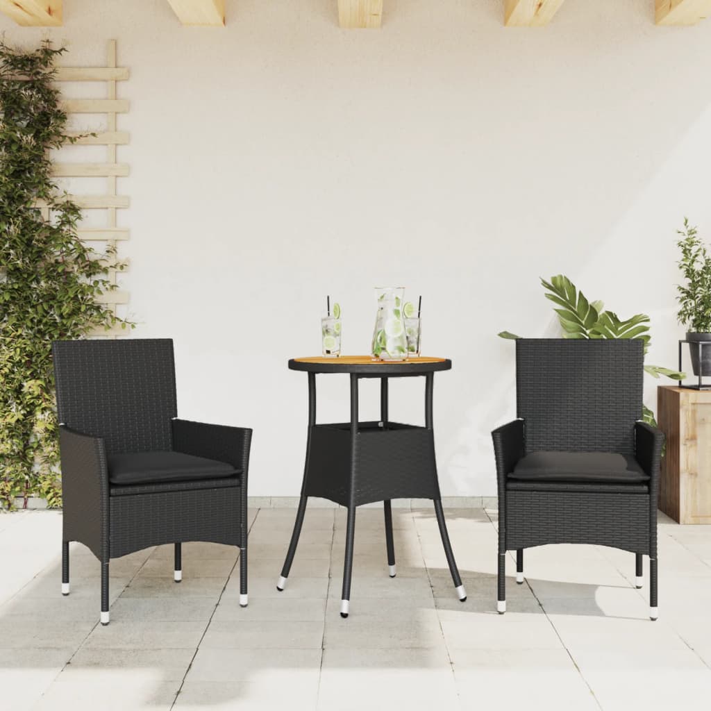 Set Pranzo da Giardino 3 pz con Cuscini Nero Polyrattan Acacia | homemem39