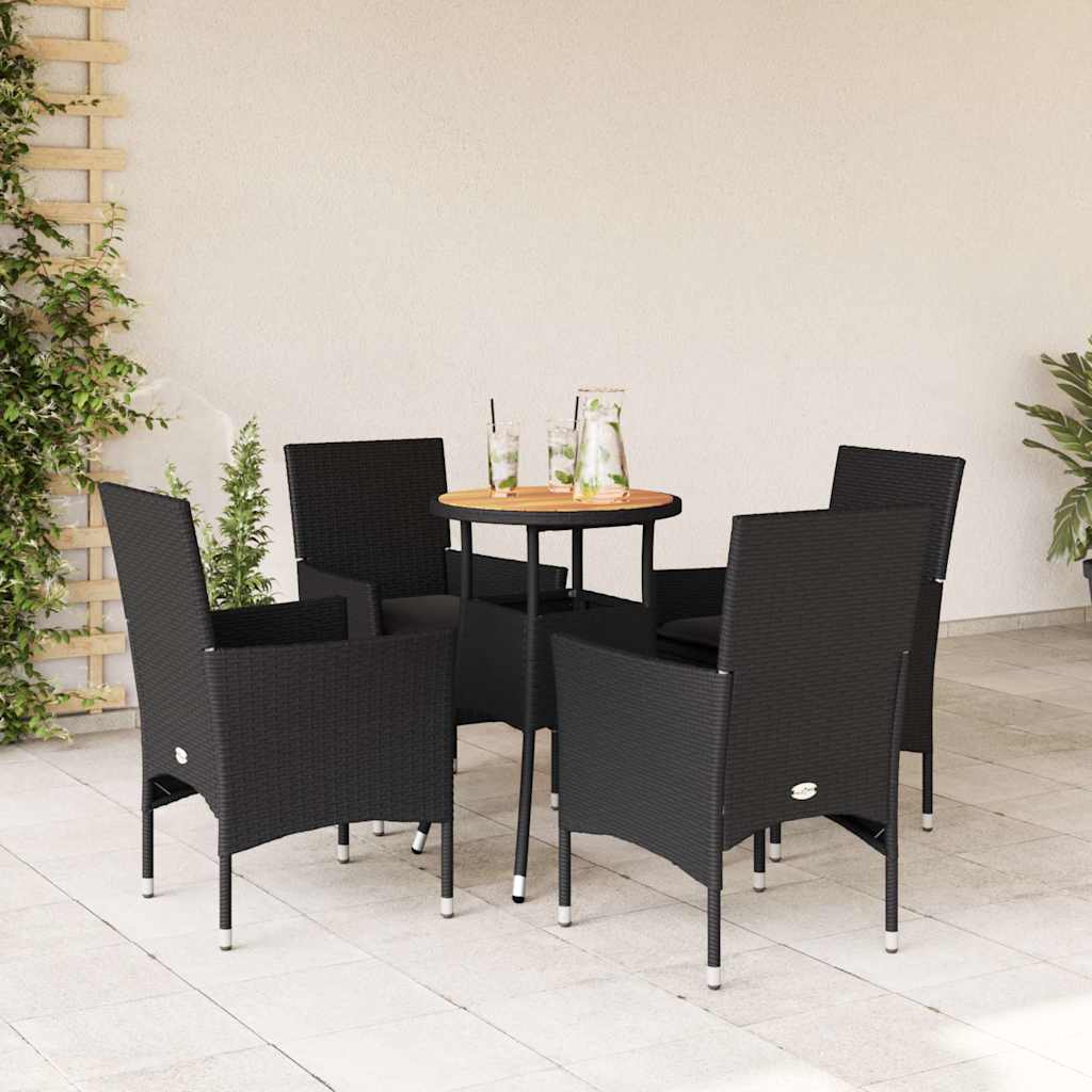 Set Pranzo da Giardino 5 pz con Cuscini Nero Polyrattan Acacia | homemem39