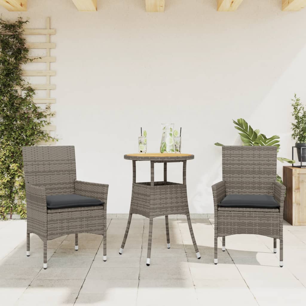 Set Pranzo da Giardino 3pz con Cuscini Polyrattan Acacia Grigio | homemem39
