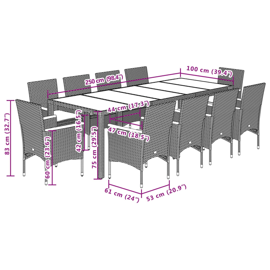 Set da Pranzo da Giardino 11 pz con Cuscini Polyrattan e Vetro | homemem39
