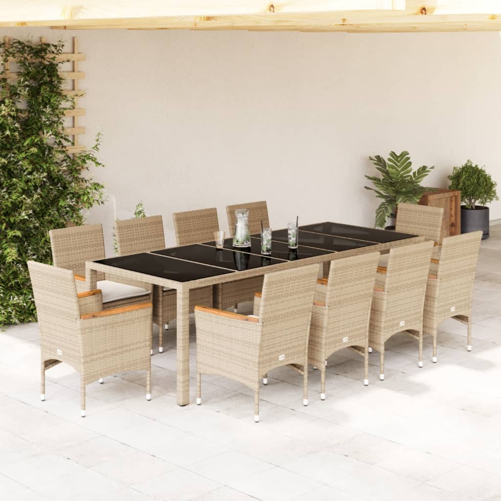 Set da Pranzo da Giardino 11 pz con Cuscini Polyrattan e Vetro | homemem39