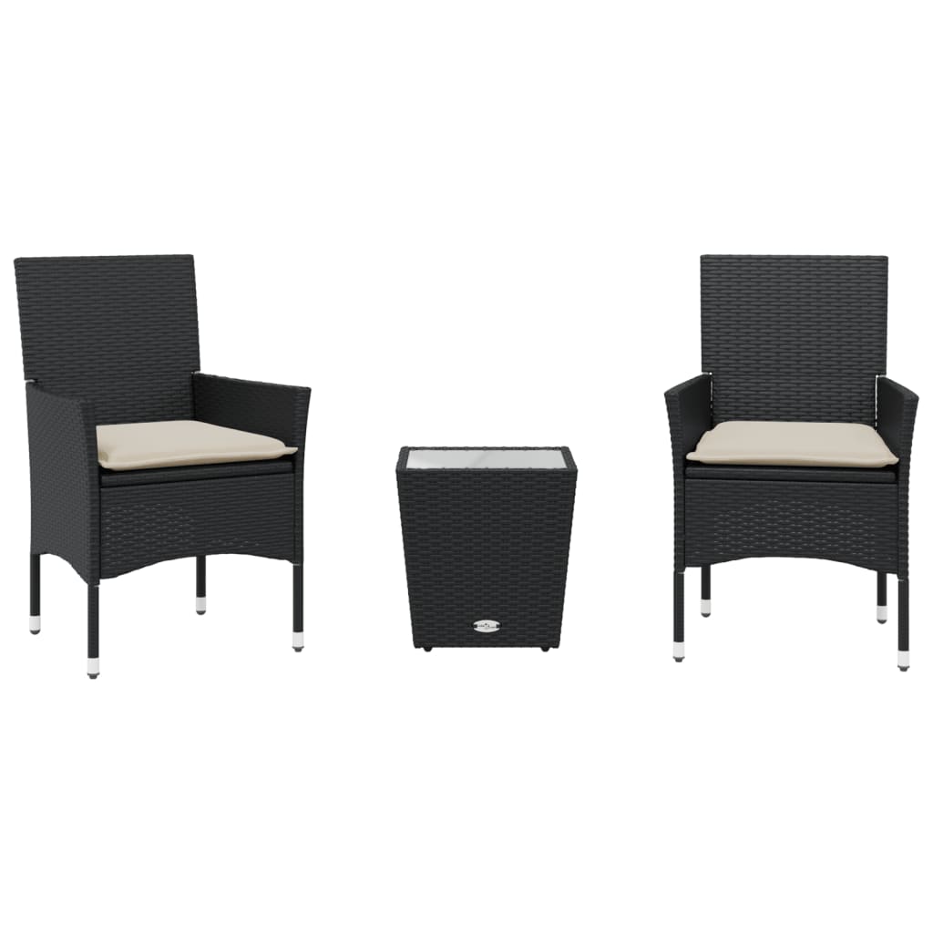 Set da Bistrò 3 pz con Cuscini Nero Polyrattan e Vetro - homemem39