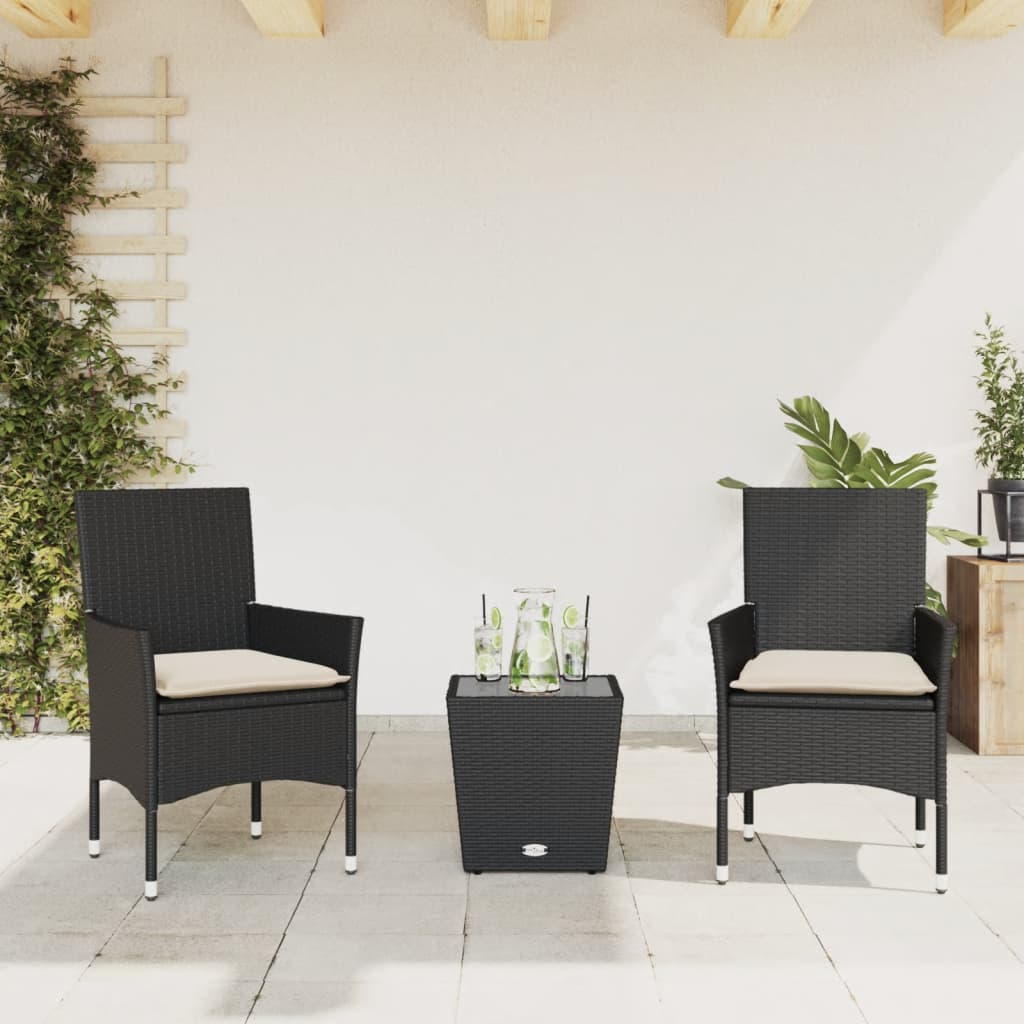 Set da Bistrò 3 pz con Cuscini Nero Polyrattan e Vetro - homemem39