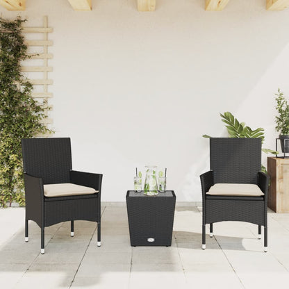 Set da Bistrò 3 pz con Cuscini Nero Polyrattan e Vetro - homemem39
