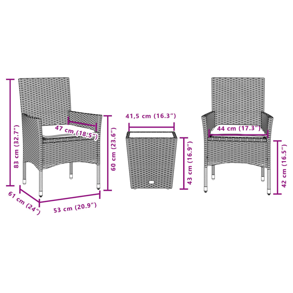 Set da Bistrò 3 pz con Cuscini Nero Polyrattan e Vetro | homemem39