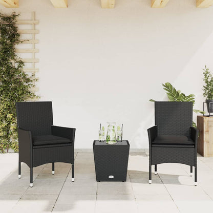 Set da Bistrò 3 pz con Cuscini Nero Polyrattan e Vetro | homemem39