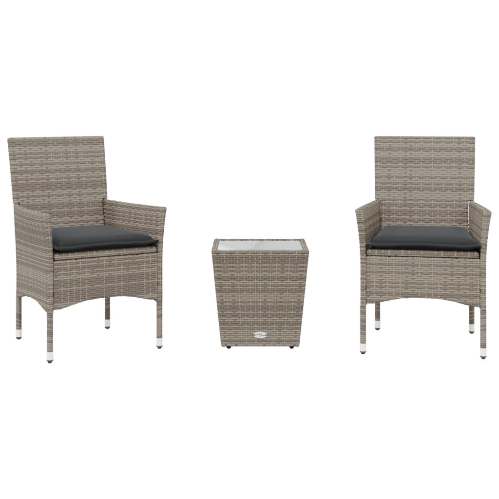 Set da Bistrò 3 pz con Cuscini Grigio Polyrattan e Vetro - homemem39