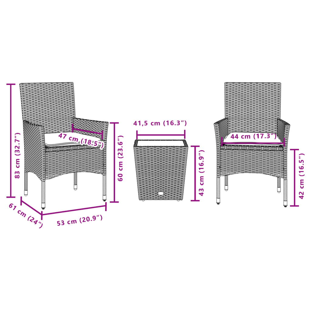 Set da Bistrò 3 pz con Cuscini Grigio Polyrattan e Vetro | homemem39