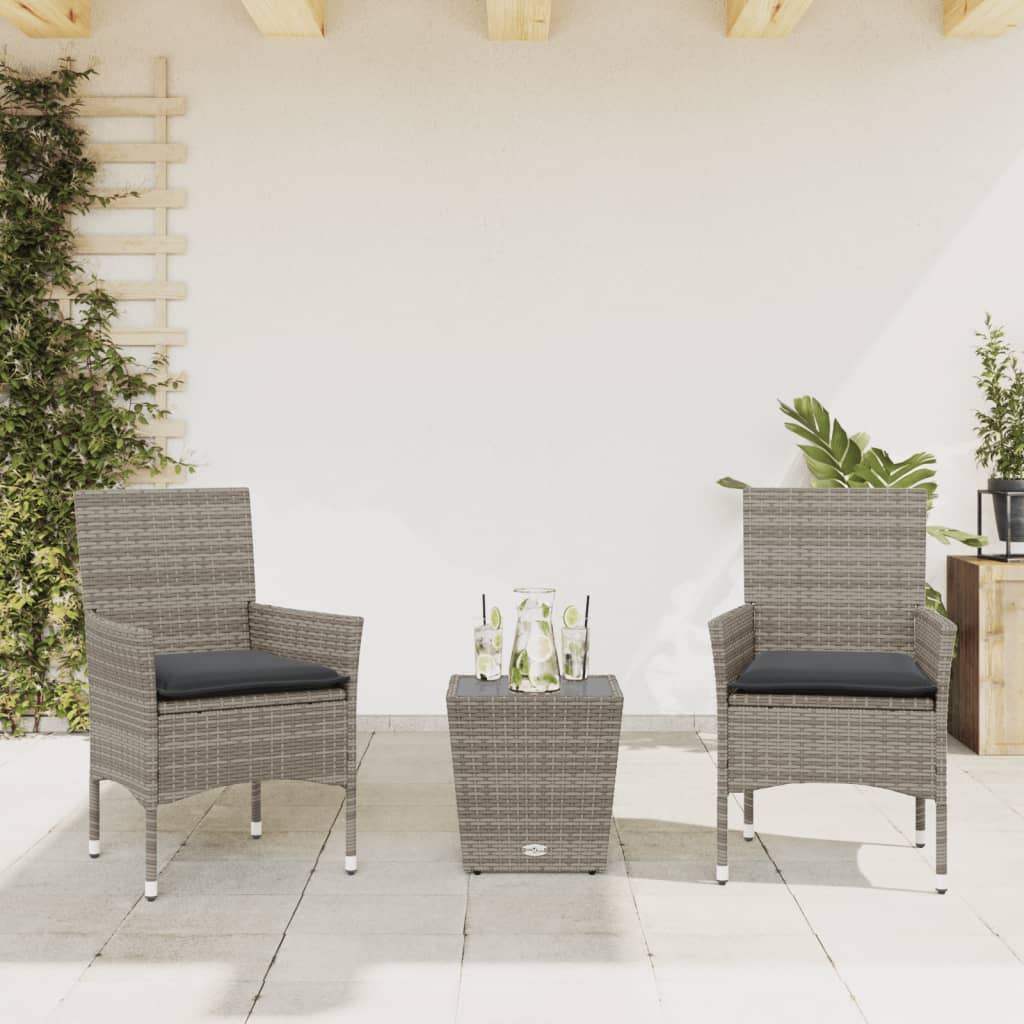 Set da Bistrò 3 pz con Cuscini Grigio Polyrattan e Vetro - homemem39