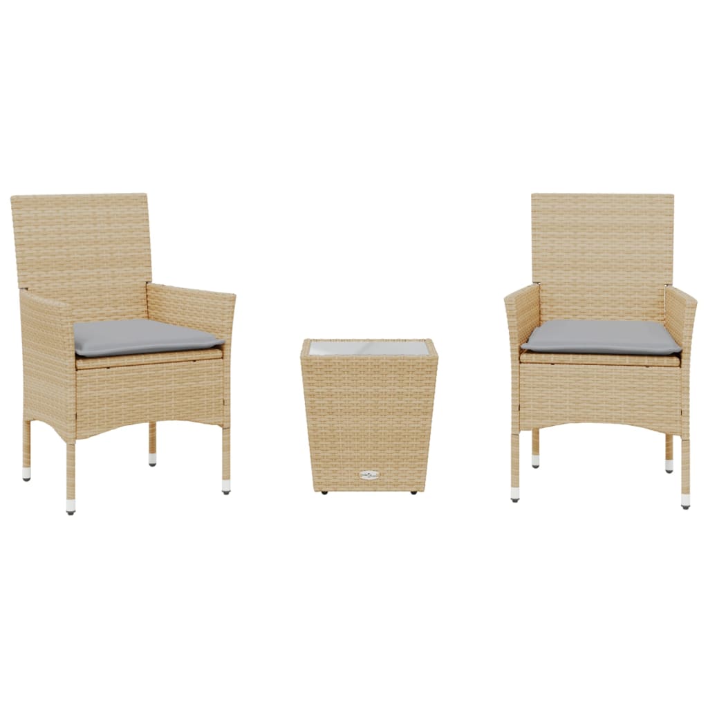 Set da Bistrò 3 pz con Cuscini Beige Polyrattan e Vetro - homemem39