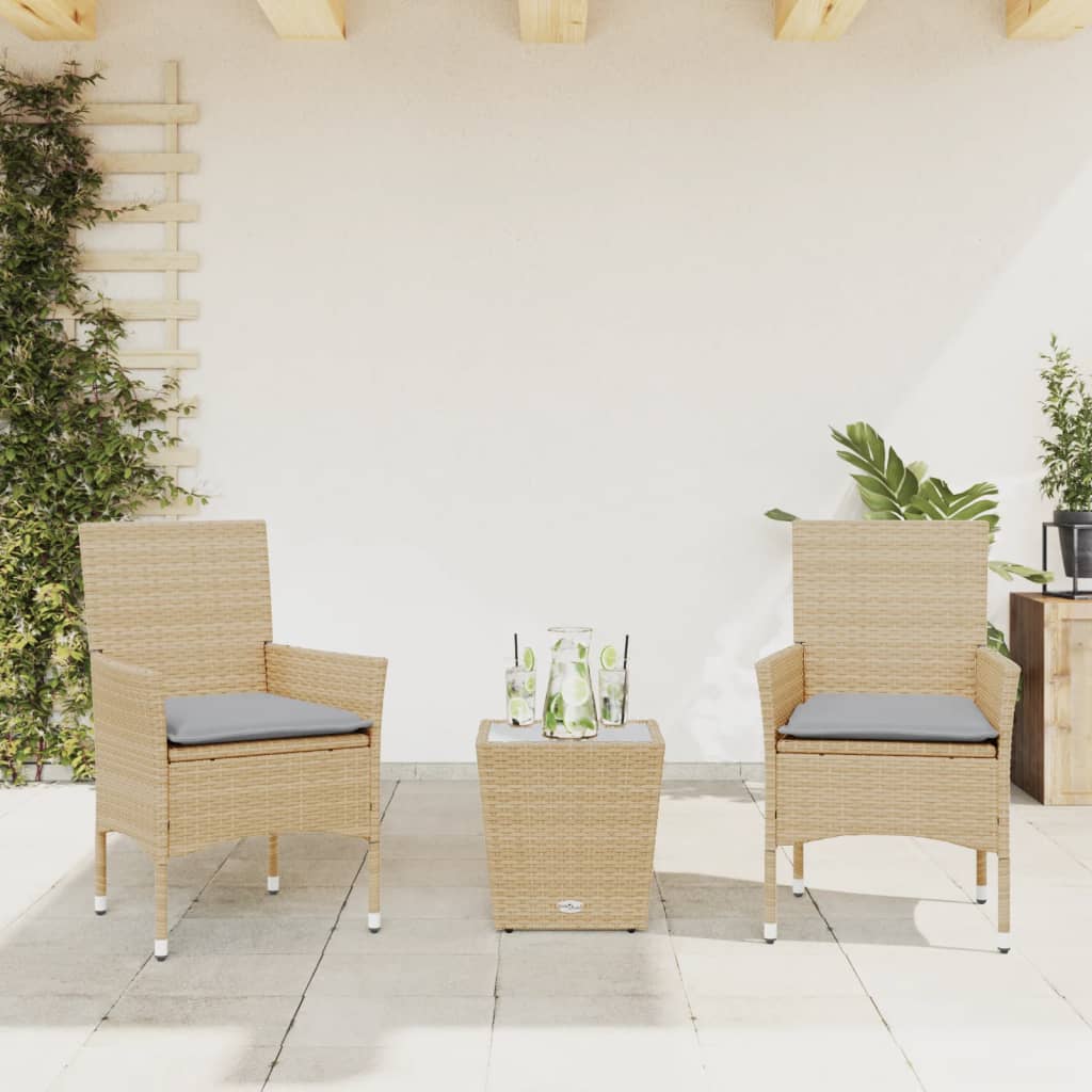 Set da Bistrò 3 pz con Cuscini Beige Polyrattan e Vetro | homemem39