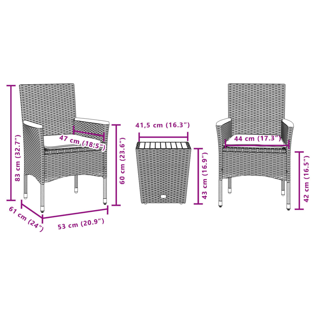 Set da Bistrò 3 pz con Cuscini Grigio Polyrattan e Vetro | homemem39