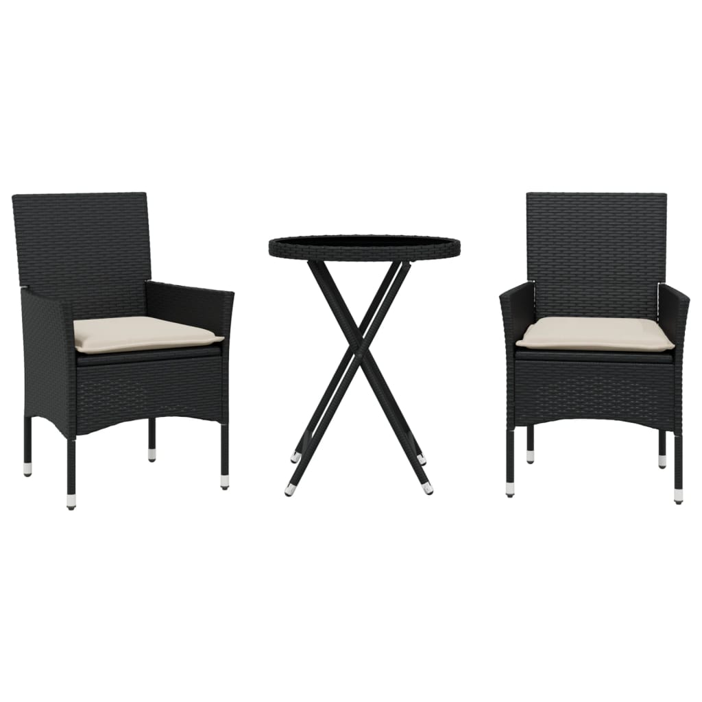 Set da Bistrò 3 pz con Cuscini Nero Polyrattan e Vetro | homemem39