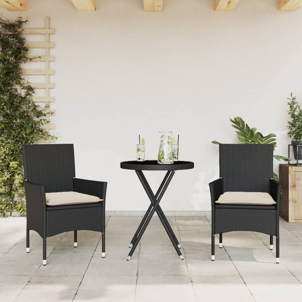 Set da Bistrò 3 pz con Cuscini Nero Polyrattan e Vetro | homemem39