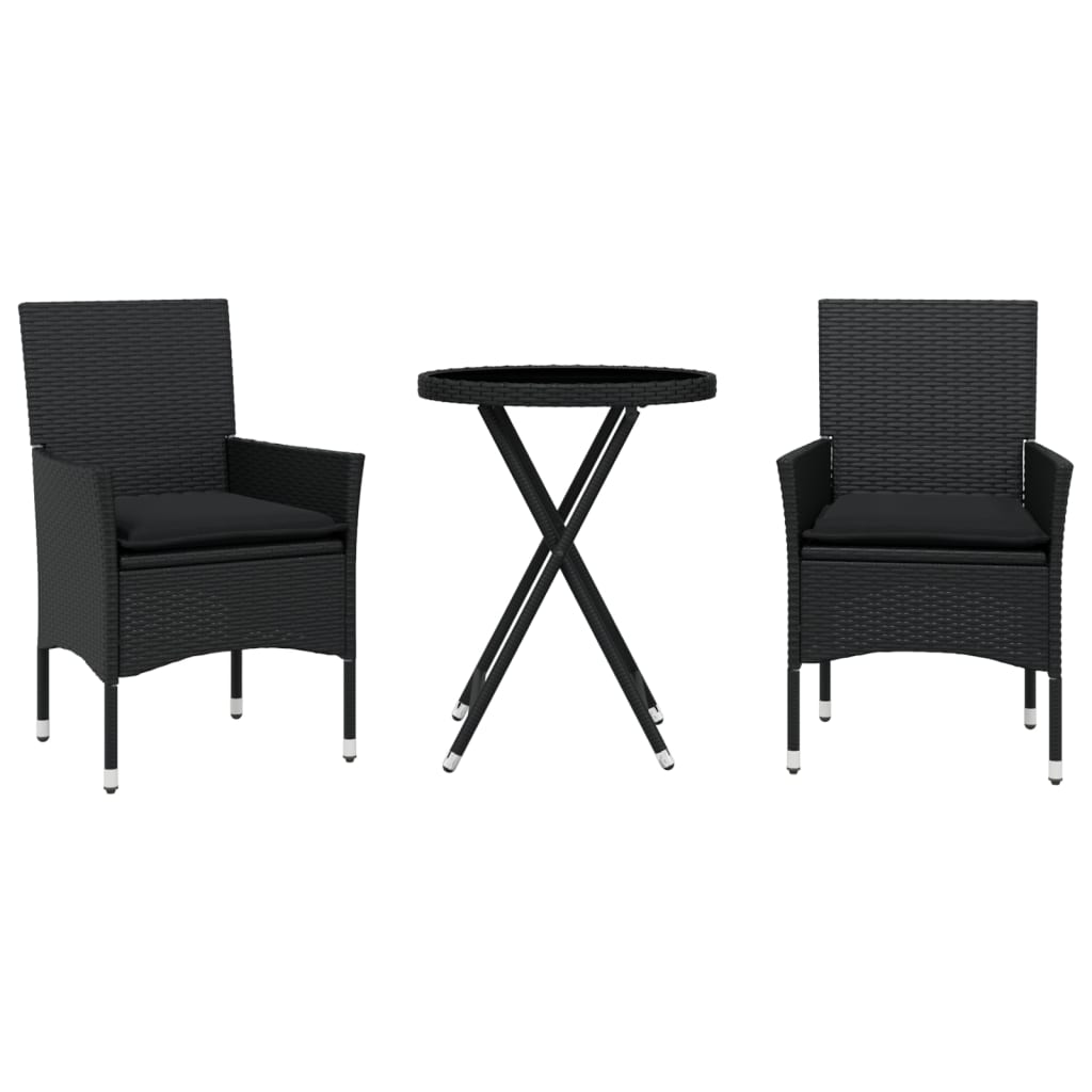 Set da Bistrò 3 pz con Cuscini Nero Polyrattan e Vetro | homemem39