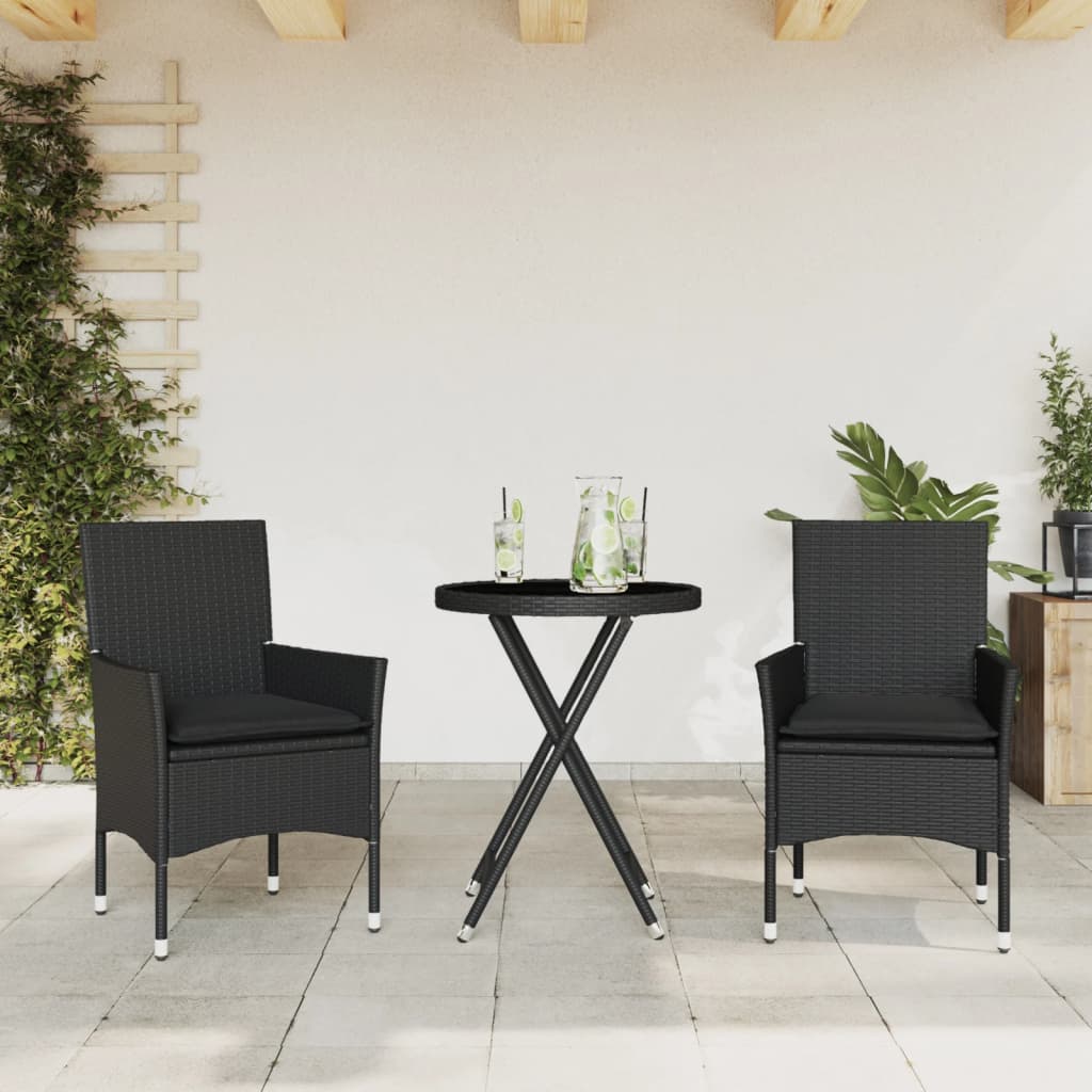 Set da Bistrò 3 pz con Cuscini Nero Polyrattan e Vetro | homemem39