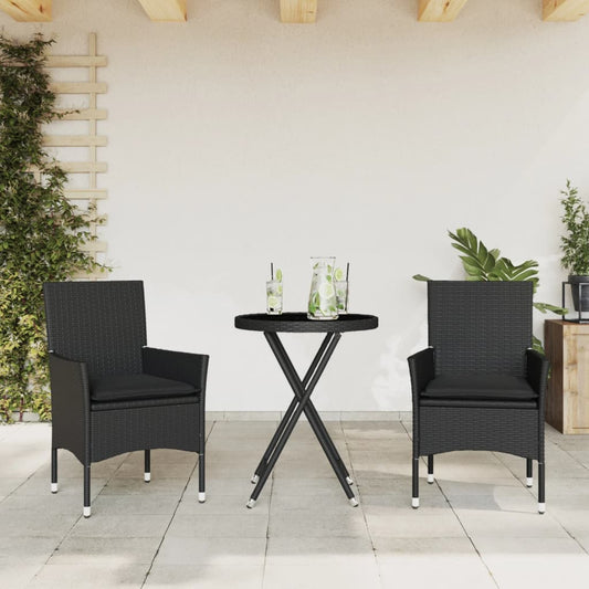 Set da Bistrò 3 pz con Cuscini Nero Polyrattan e Vetro - homemem39