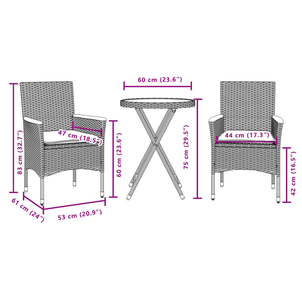 Set da Bistrò 3 pz con Cuscini Nero Polyrattan e Vetro | homemem39