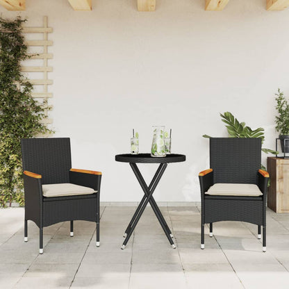 Set da Bistrò 3 pz con Cuscini Nero Polyrattan e Vetro | homemem39