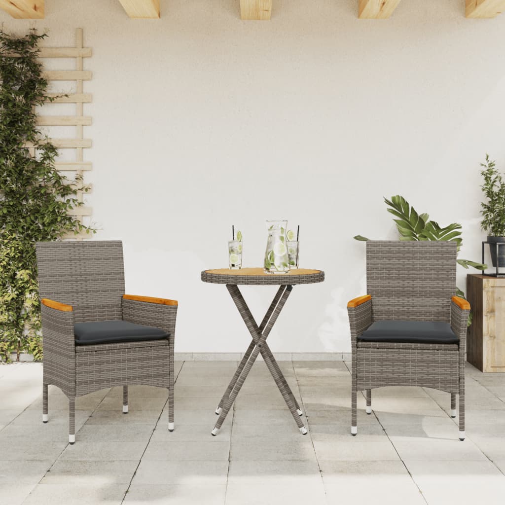 Set da Bistrò 3 pz con Cuscini Grigio Polyrattan Acacia | homemem39