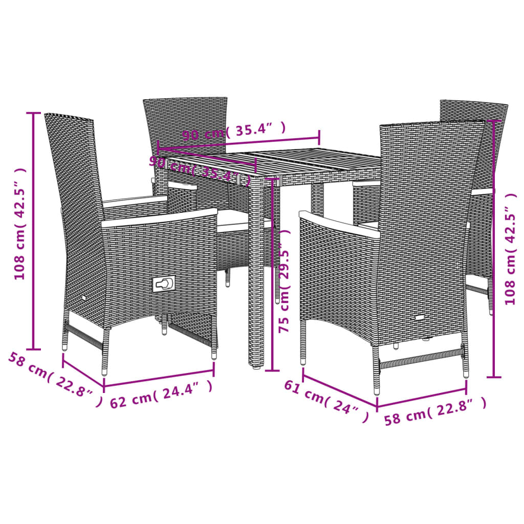 Set da Pranzo da Giardino 5 pz Nero con Cuscini in Polyrattan - homemem39