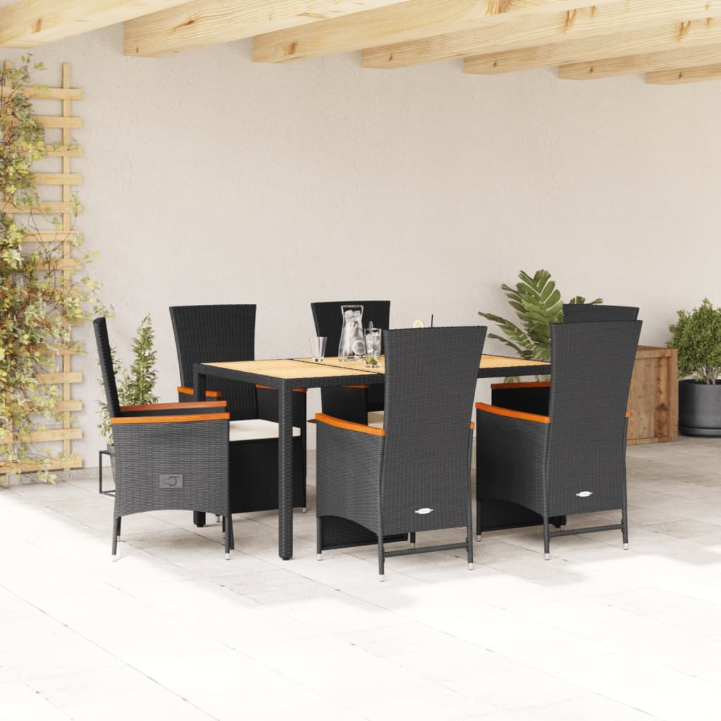 Set da Pranzo da Giardino 7 pz Nero con Cuscini in Polyrattan | homemem39