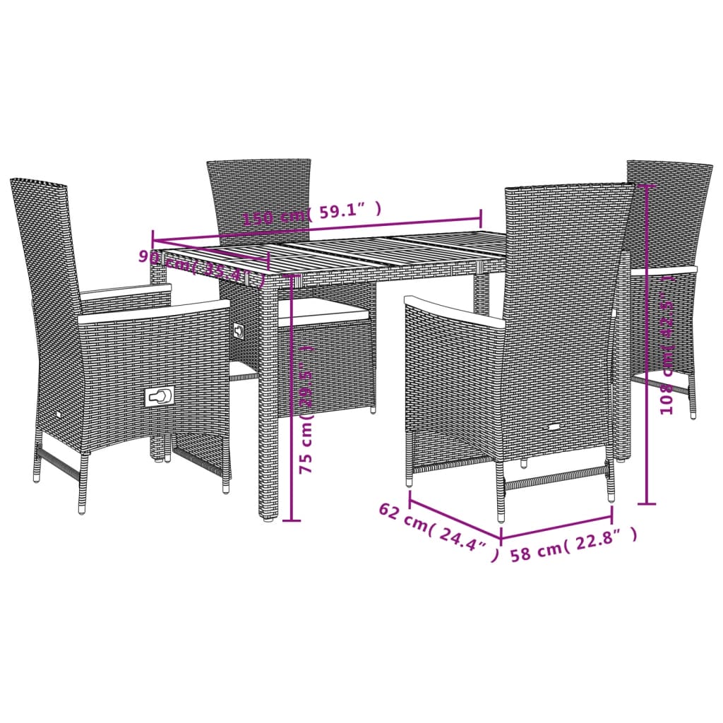 Set da Pranzo da Giardino 5 pz Nero con Cuscini in Polyrattan - homemem39
