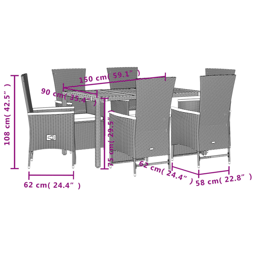 Set da Pranzo da Giardino 7 pz Nero con Cuscini in Polyrattan | homemem39