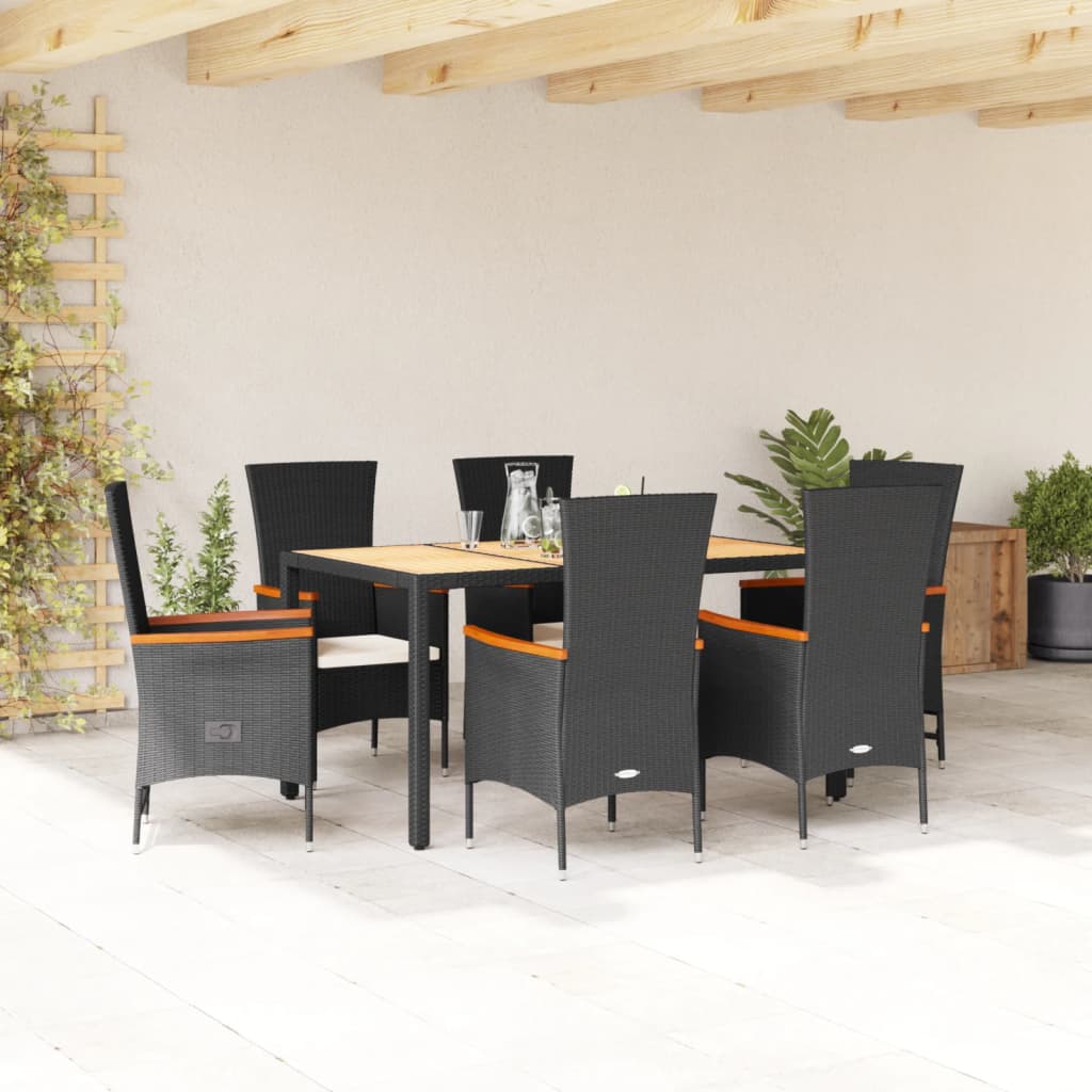 Set da Pranzo da Giardino 7 pz Nero con Cuscini in Polyrattan - homemem39