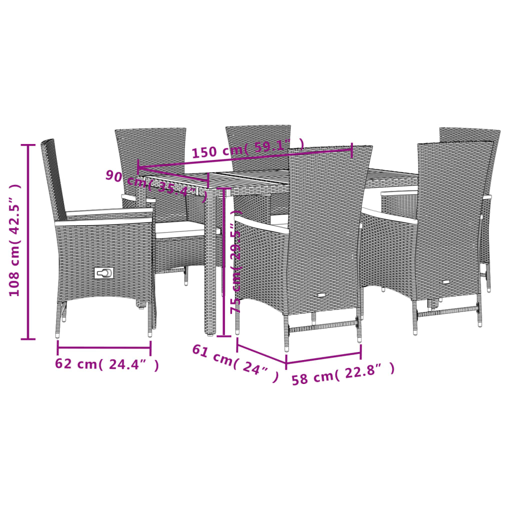 Set da Pranzo da Giardino 7 pz Nero con Cuscini in Polyrattan | homemem39