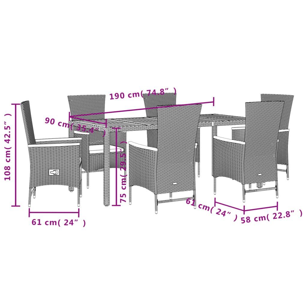 Set da Pranzo da Giardino 7 pz Nero con Cuscini in Polyrattan | homemem39