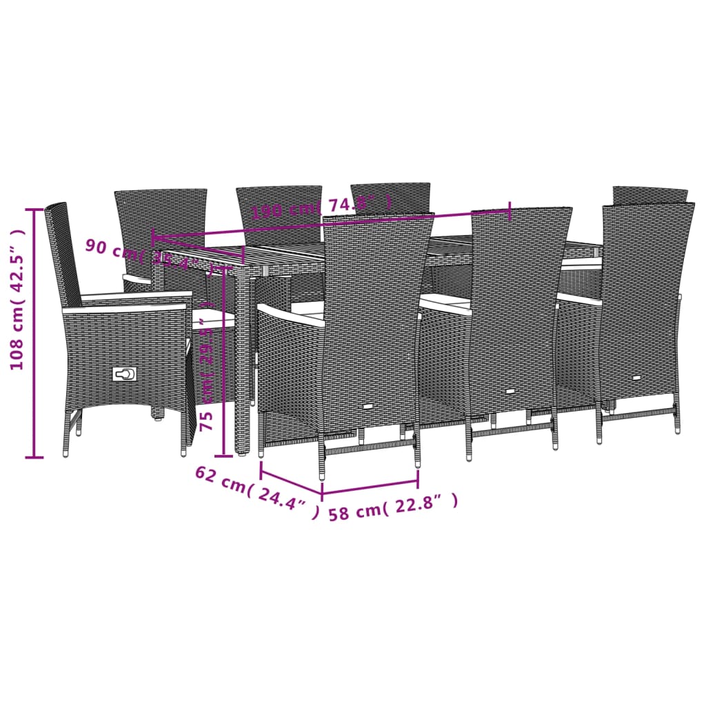 Set da Pranzo da Giardino 9 pz con Cuscini Nero in Polyrattan | homemem39