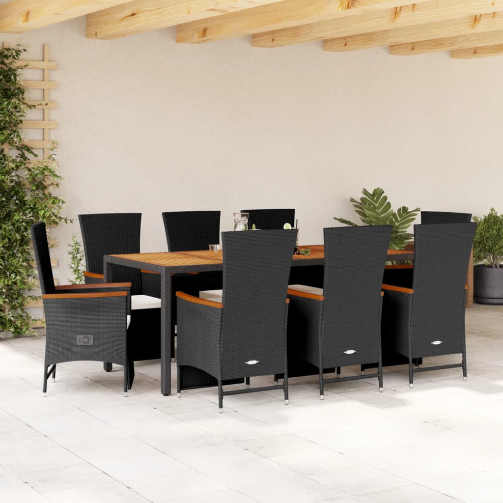 Set da Pranzo da Giardino 9 pz con Cuscini Nero in Polyrattan | homemem39