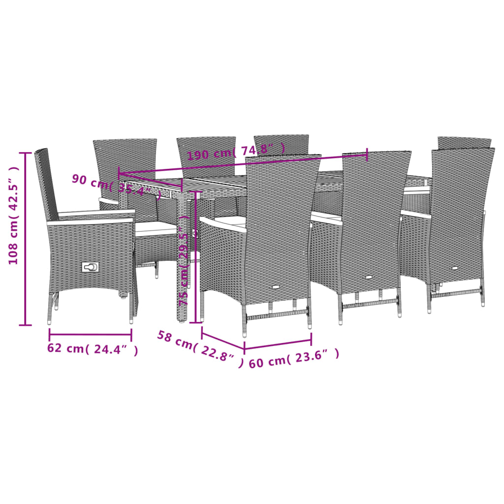 Set da Pranzo da Giardino 9 pz con Cuscini Nero in Polyrattan | homemem39