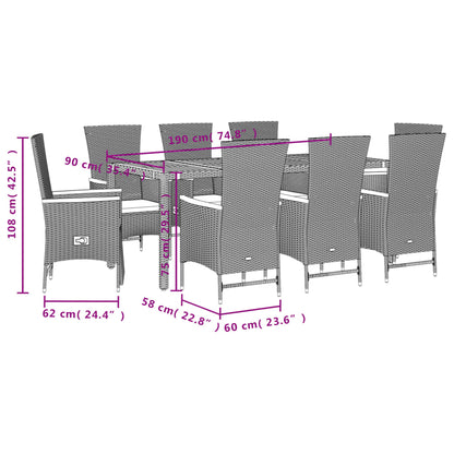 Set da Pranzo da Giardino 9 pz con Cuscini Nero in Polyrattan | homemem39
