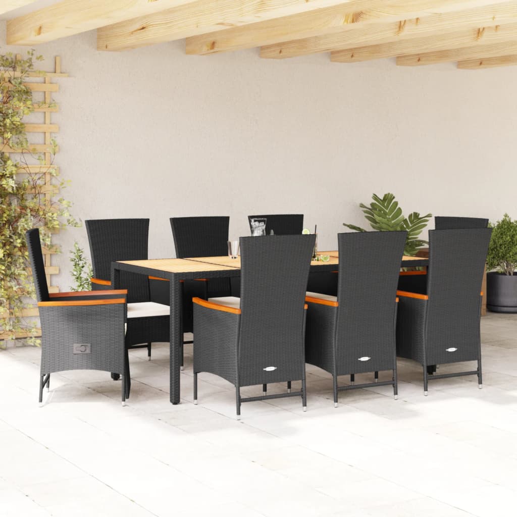 Set da Pranzo da Giardino 9 pz con Cuscini Nero in Polyrattan | homemem39