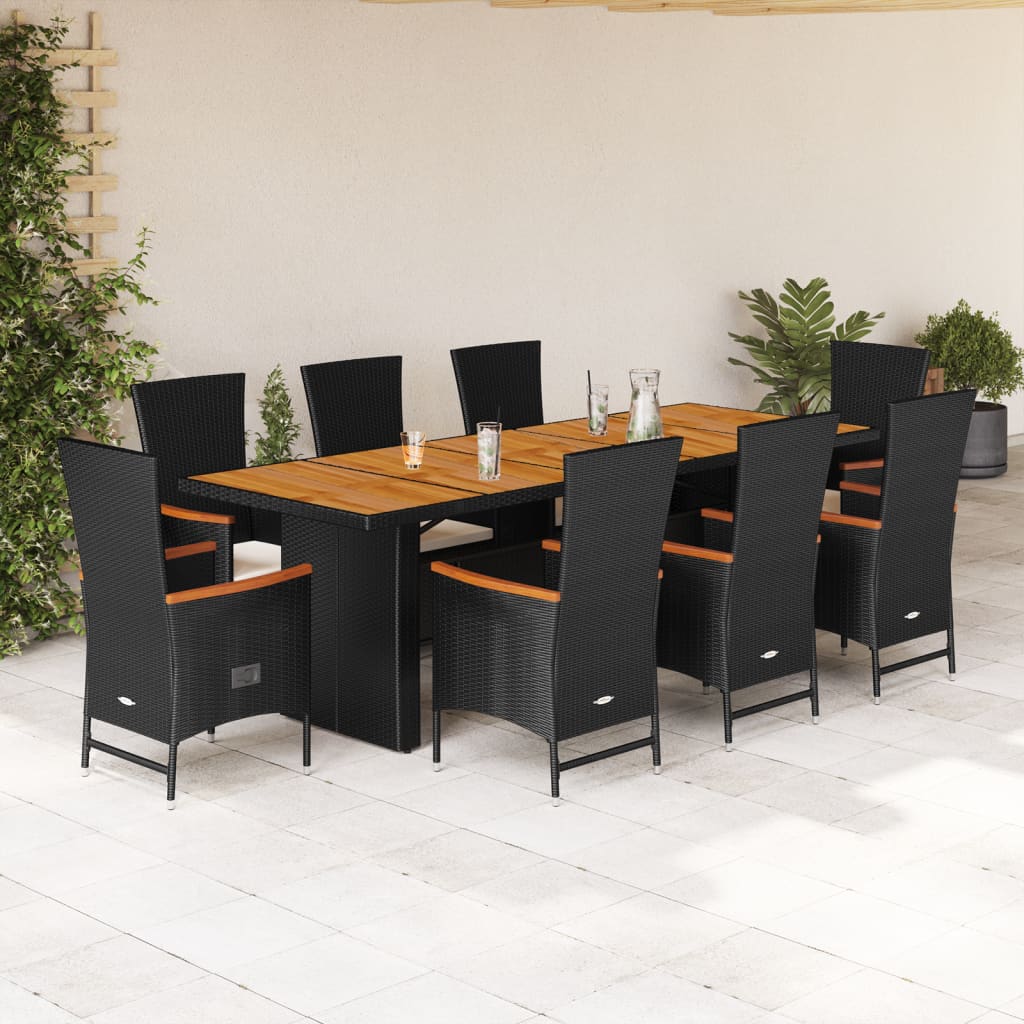 Set da Pranzo da Giardino 9 pz con Cuscini Nero in Polyrattan | homemem39