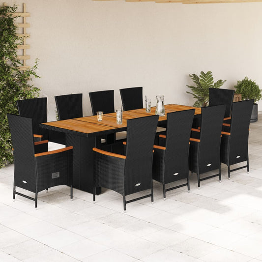 Set da Pranzo da Giardino 11 pz con Cuscini in Polyrattan Nero